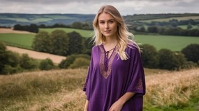 站在山坡上的紫色上衣金发美女图片